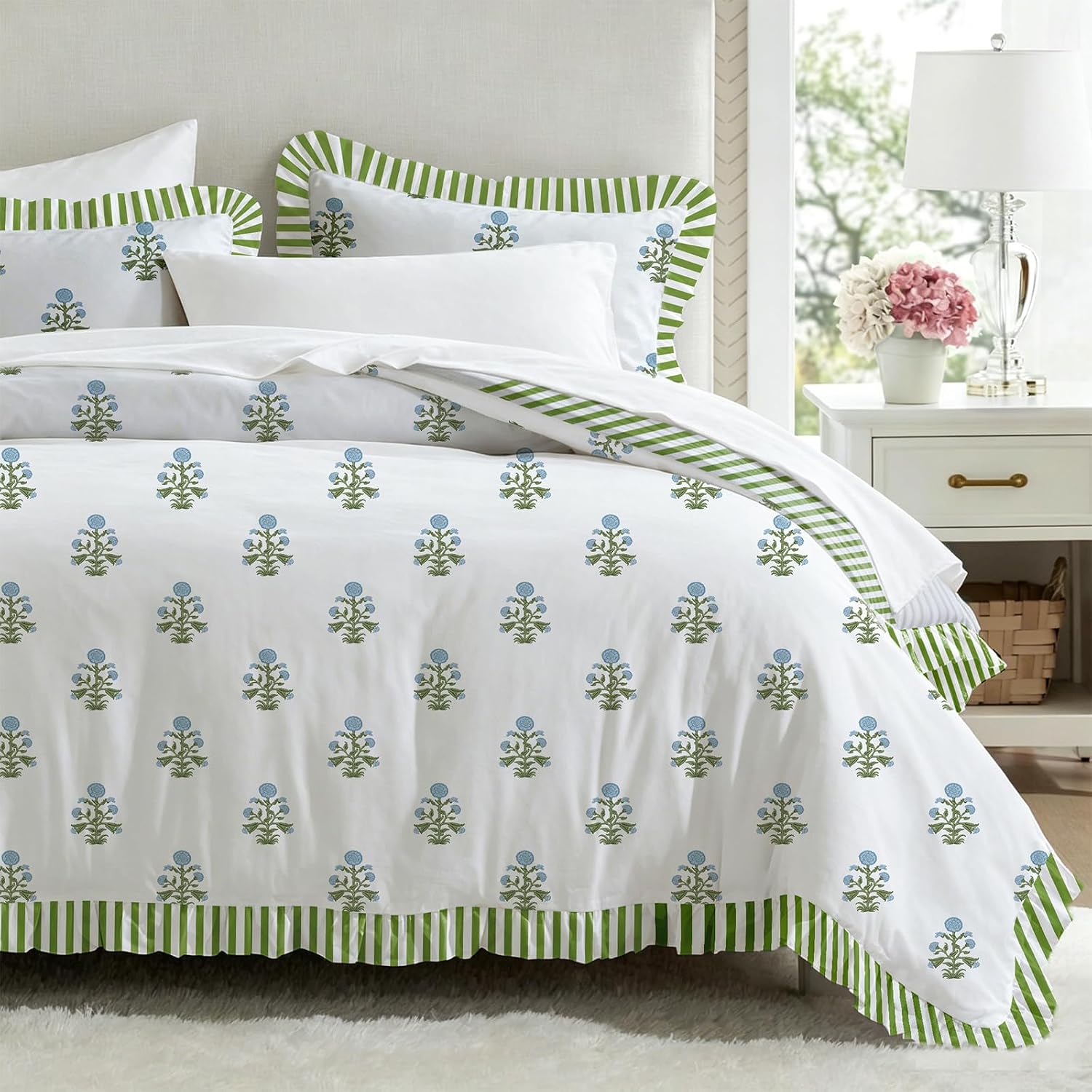 Vintage Floral Ruffle Comforter Set Queen 8-Piece Bed in a Bag – Blue Traditional Block Print with Striped Trim, Lightweight Ruffled Edge Bedding, Charming Cottagecore Decor for a Farmhouse Bedroom