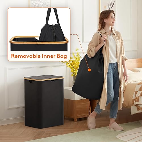 Miniatura 194 de Lifewit Cesta grande de 100 litros con tapa para ropa con asas de bambú y bolsa extraíble, plegable para dormitorio, baño, residencia universitaria