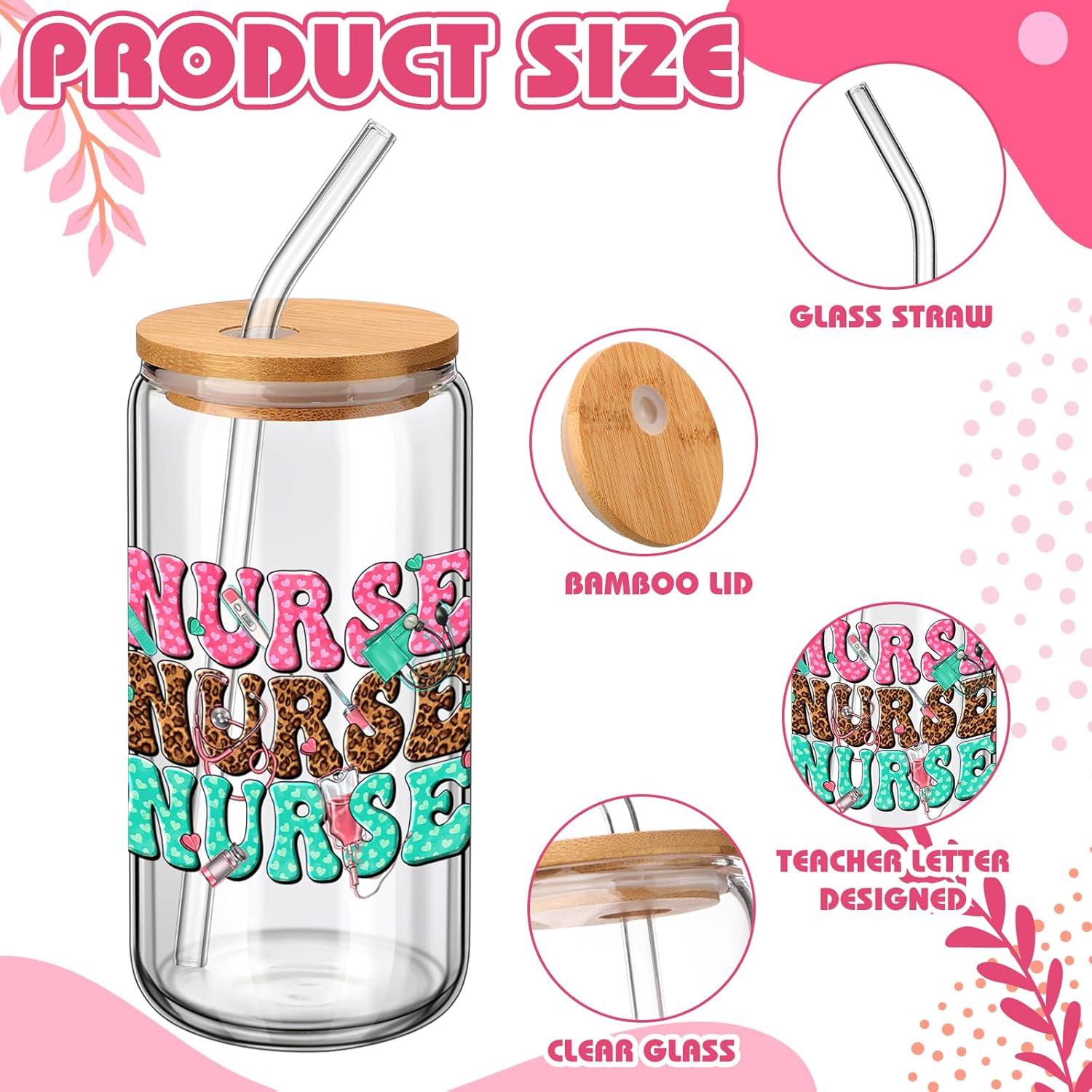 6 Pcs Christmas Nurse Gifts Bulk Nurse Glass Cups 16 oz Can Shaped Nursing Coffee Drinking Tumbler with Bamboo Lid and Straw for Nursing Women Xmas Holiday Party Favors Gifts - Image 4