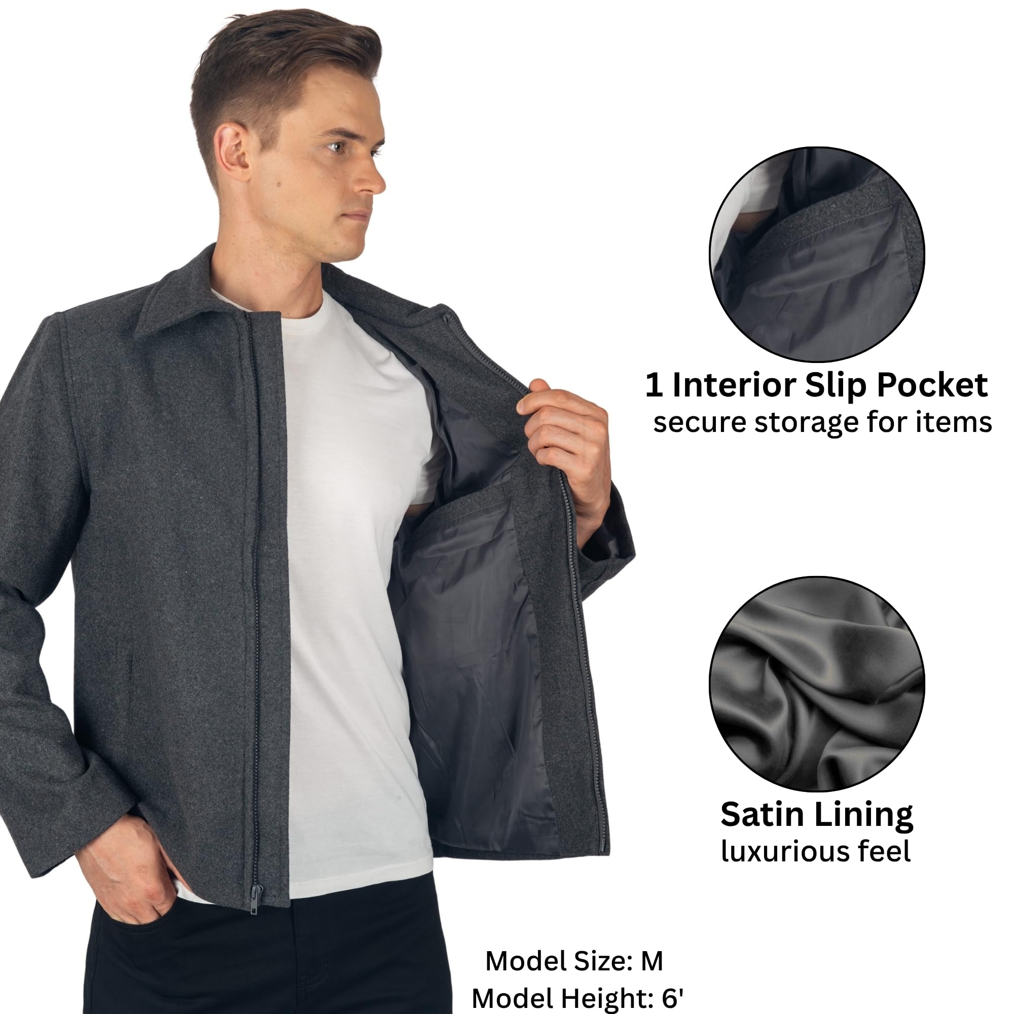 Alpine Swiss Grant męska kurtka wełniana – 71 cm James Dean Style Bomber z kieszeniami zapinanymi na zamek błyskawiczny