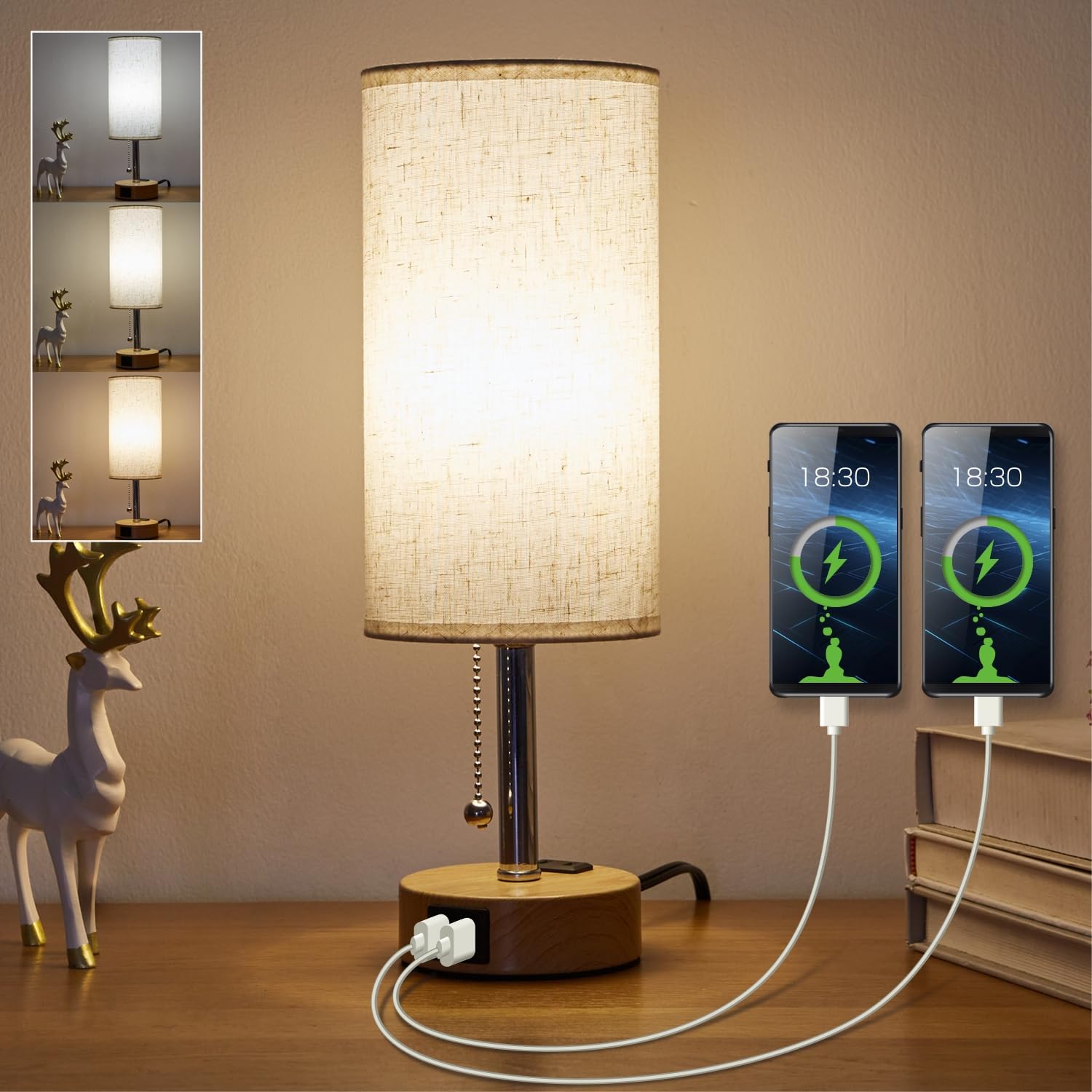 Small Bedroom Lamps with USB C and A Ports 3 Color Temperatures 2700K
