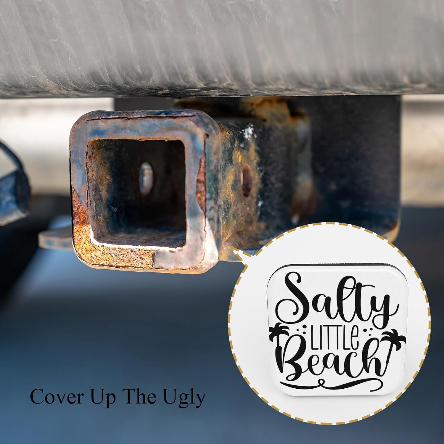 Travel Trailer Hitch Receiver Cover Cap Salty Little Beach Word Happy Slogan with Palm Tree Car 2" Trailer Cover Tow Hitch Covers Tube Plug Square Mouth Protection Cover 2 Inch