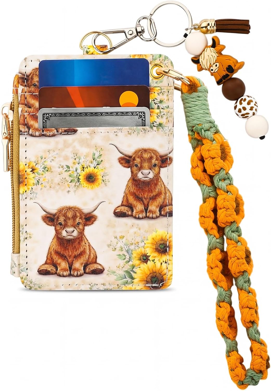 Capoda Highland Cow Sunflower Credit Card Holder Small Cow Wallet Accessories with 2 Keychain Wristlets Highland Zipper Coin Pocket ID Window Wristlet Wallets for Women Lady Travel Summer Party Gifts