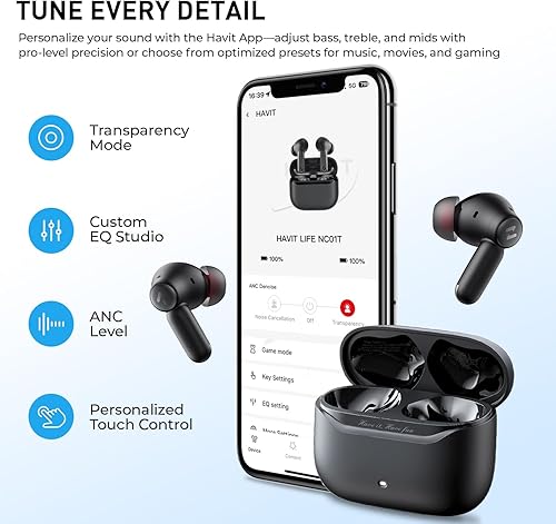 Miniatura 7 de havit Auriculares inalámbricos híbridos con cancelación activa de ruido, auriculares intrauditivos Bluetooth 6.0, 6 micrófonos ENC Clear Call Ear
