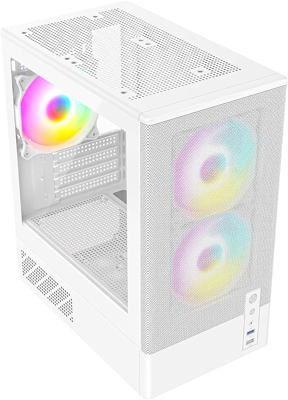 CiT F3 Gaming PC Case – Micro-ATX Computer Case with Mesh Front & Tempered Glass Side Panels - 3 x 120mm ARGB Fans Included - AIO Support - USB 3.0, USB 2.0 - HD Audio/Mic | White