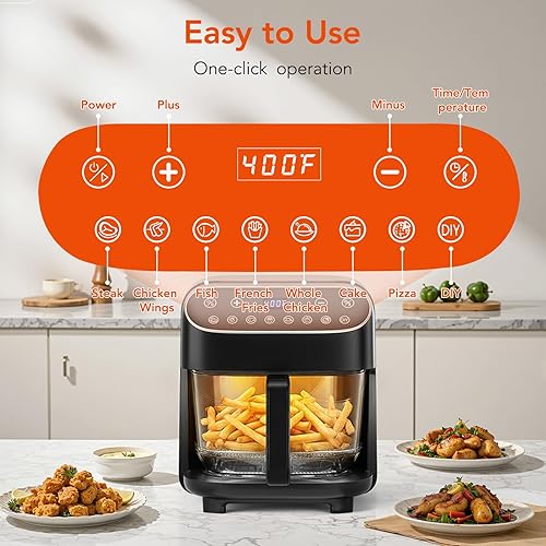 Miniatura 4 de WAA Freidora de aire de vidrio de borosilicato alto 8 en 1, asar, recalentar, deshidratar, papas fritas, sin PFSA y sin recubrimiento, freidora de