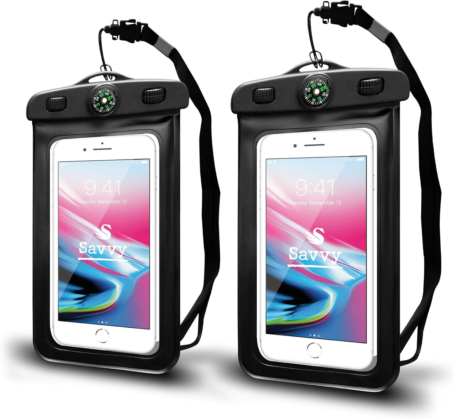 SAVVY Waterproof Cell Phone Pouch/Dry Bag with Neck Lanyard & Compass - Cruise Essentials - Protects iPhone, Samsung, Google, Sony Moto - Credit Cards, Cash, Name Tags, Badge Holders (2-Pack, Black)