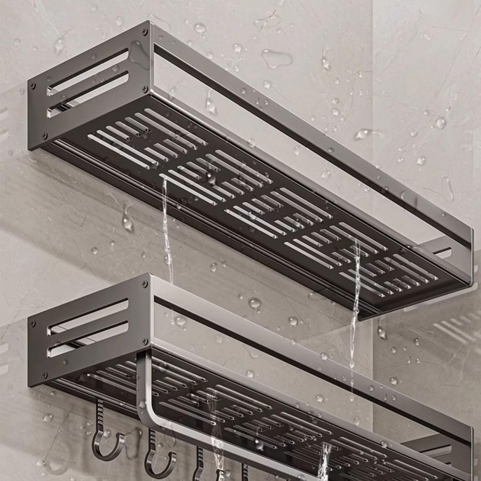 Gewürzregal Wand,Küchenhalterung Ohne Bohren Mit Haken Stangen,Schwarz Edelstahl Hakenleiste Küchenhelfer Hängeleiste,Gewürzregal Küchenablage Wand Organizer for Küche Und Bad(30cm)
