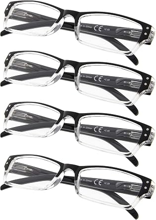 4-pack Rectangular Reading Glasses with Spring Hinges Includes Sunshine Readers