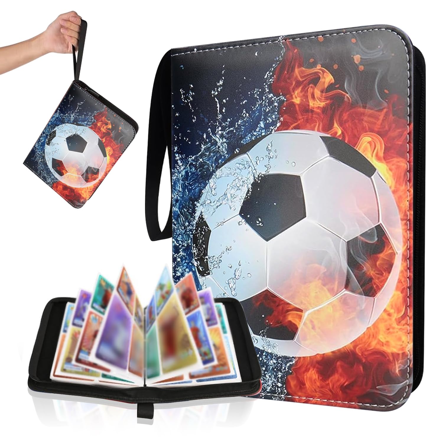 Álbum de Cartas de Fútbol, Carpeta Fútbol Tarjetas, Álbum de 50 Páginas con Capacidad para 400 Cromos, Álbum de tarjetas coleccionables de fútbol con Cremallera y Correa de Asa (C)