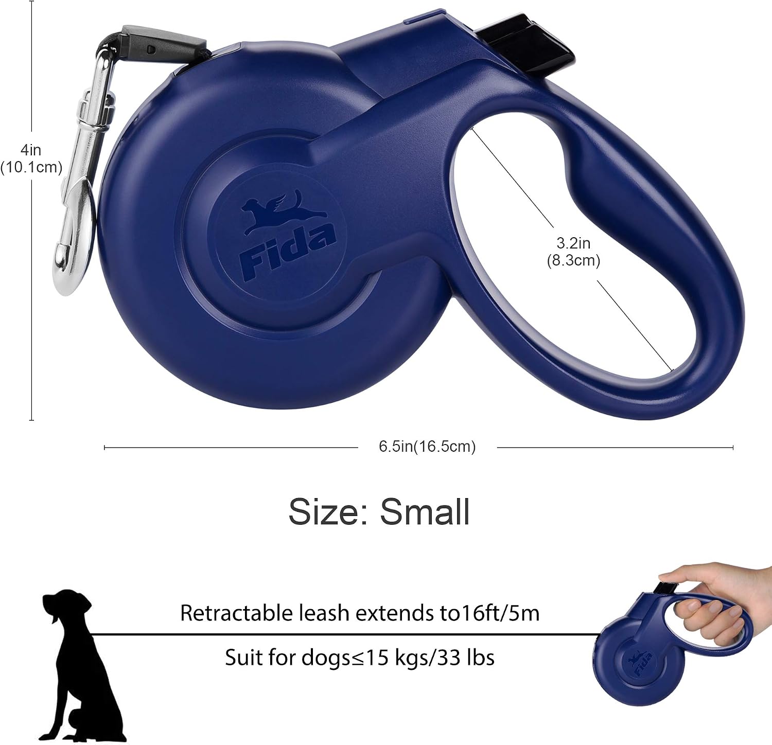 Fida Retractable Dog Leash, Heavy Duty 16 ft for Small Dog or Cat up to 33 lbs, Pet Walking Leash, Tangle Free, One-Handed Brake, Styleash Series (S, Blue)