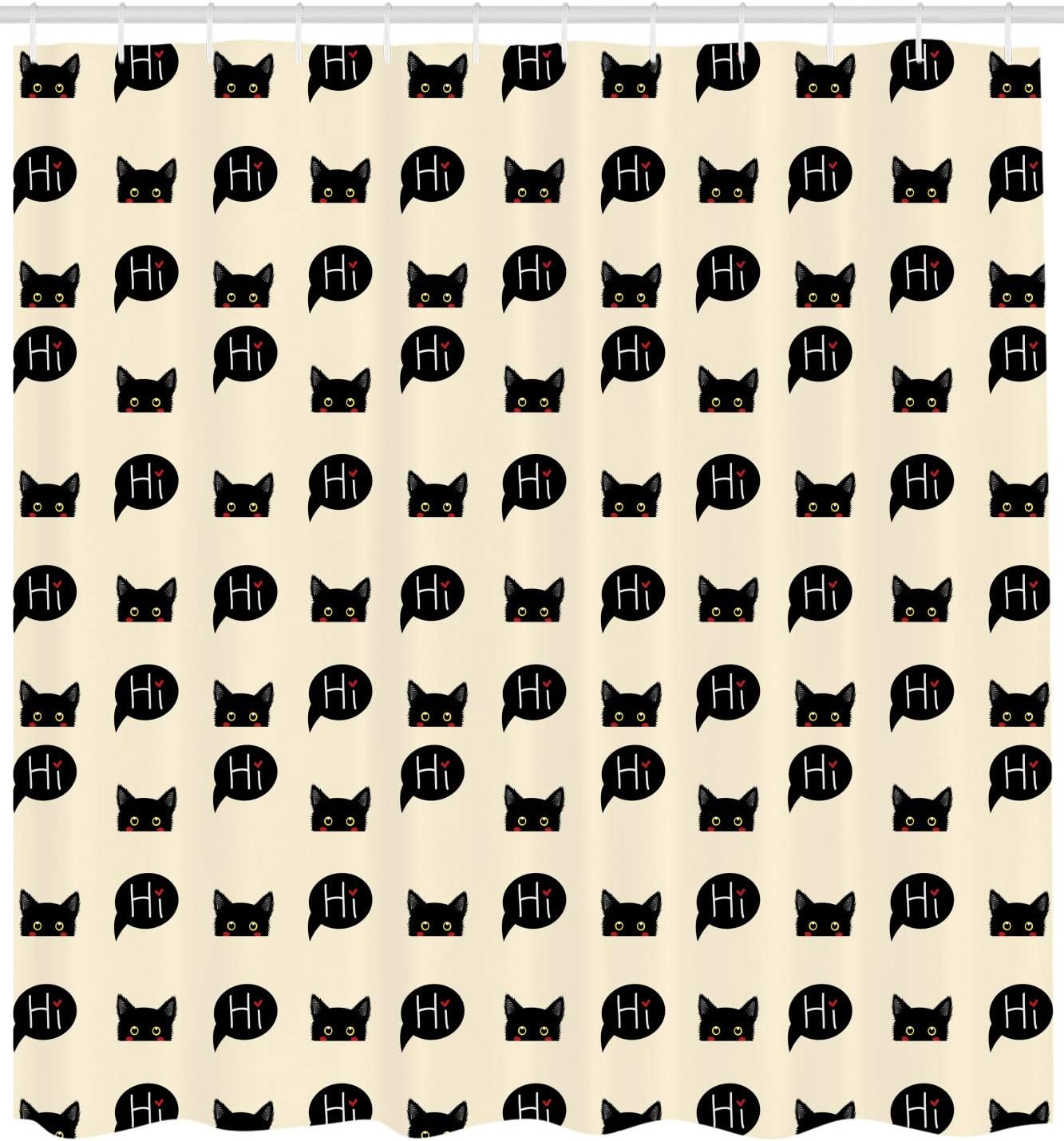 Ambesonne Cat Shower Curtain, Young Black Kitties Sneaking on and Saying Hi and Playful Domestic Pets, Cloth Fabric Bathroom Decor Set with Hooks, 69" W x 75" L, Black Ivory