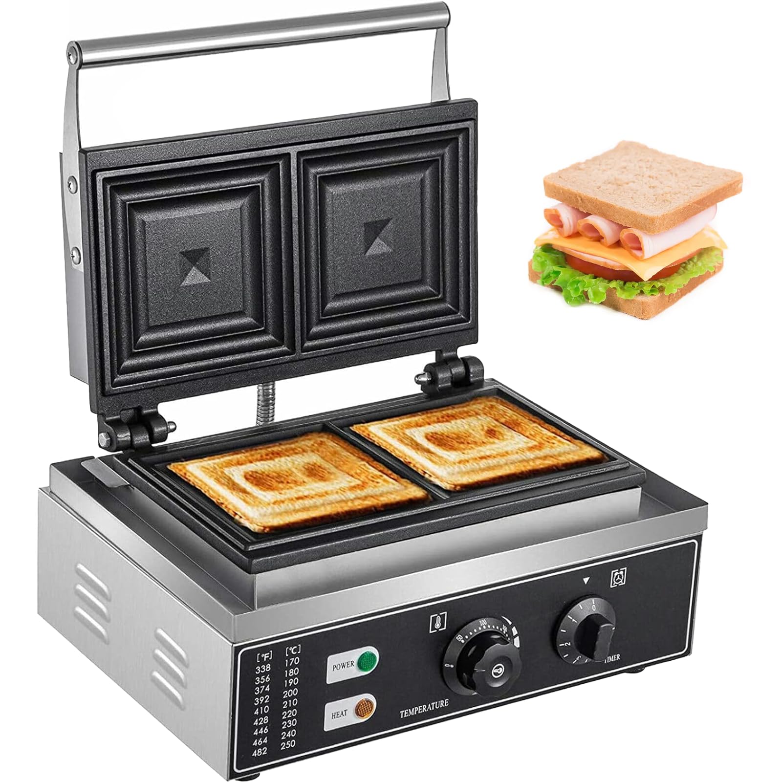 Eiwitany Electric Sandwich Grill with Manual Thermostat & Timer for Accurate Temperature & Time Control, for Sandwiches, Burgers and Paninis