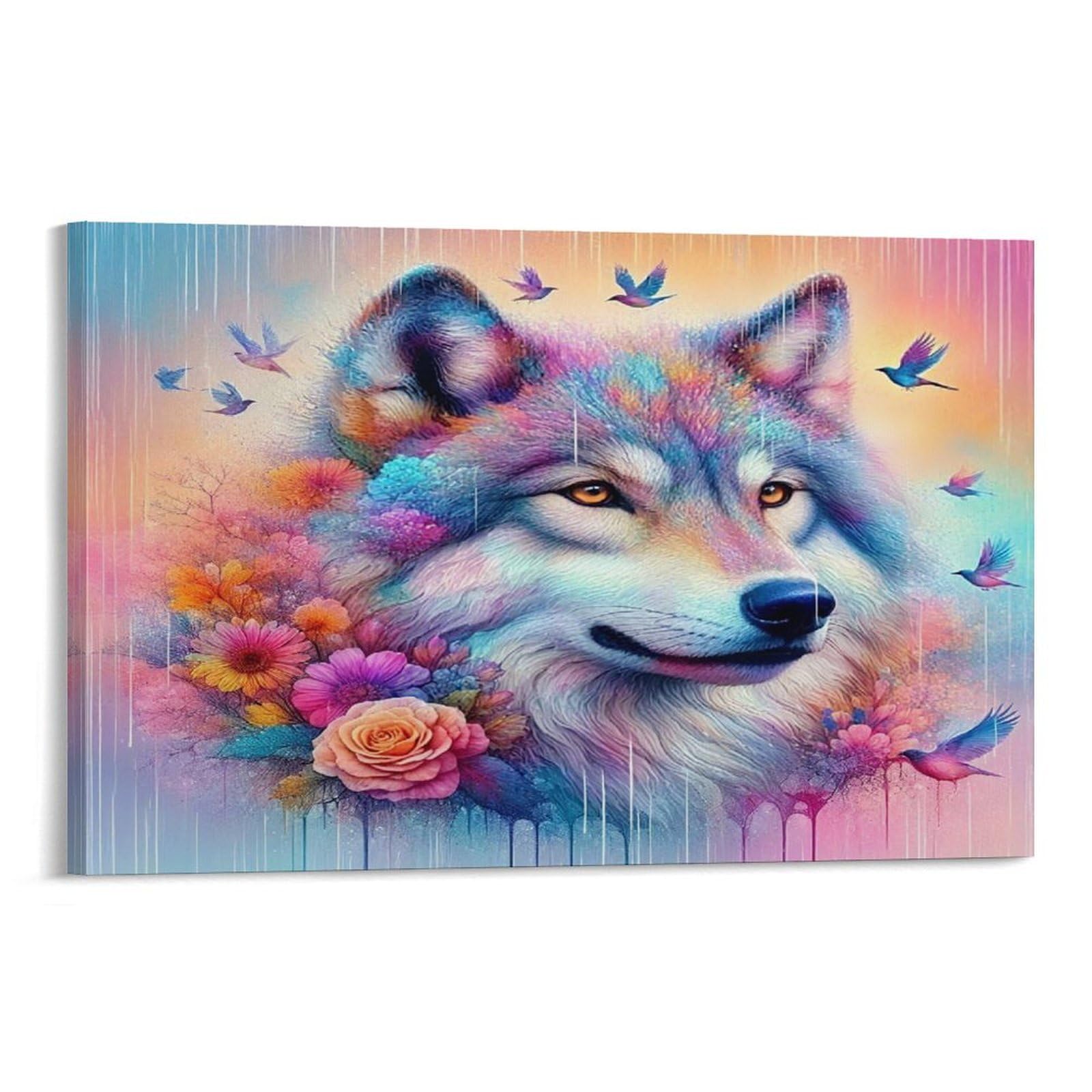 CPLVKWRQJ Snowy Wolf in Winter Forest Single Colorful Floral Wolf Portrait Flying Birds Canvas Wall Art - Nursery Canvas Wall Hanging Space Saving Ready to Hang Decor 20x30inch(50x75cm)
