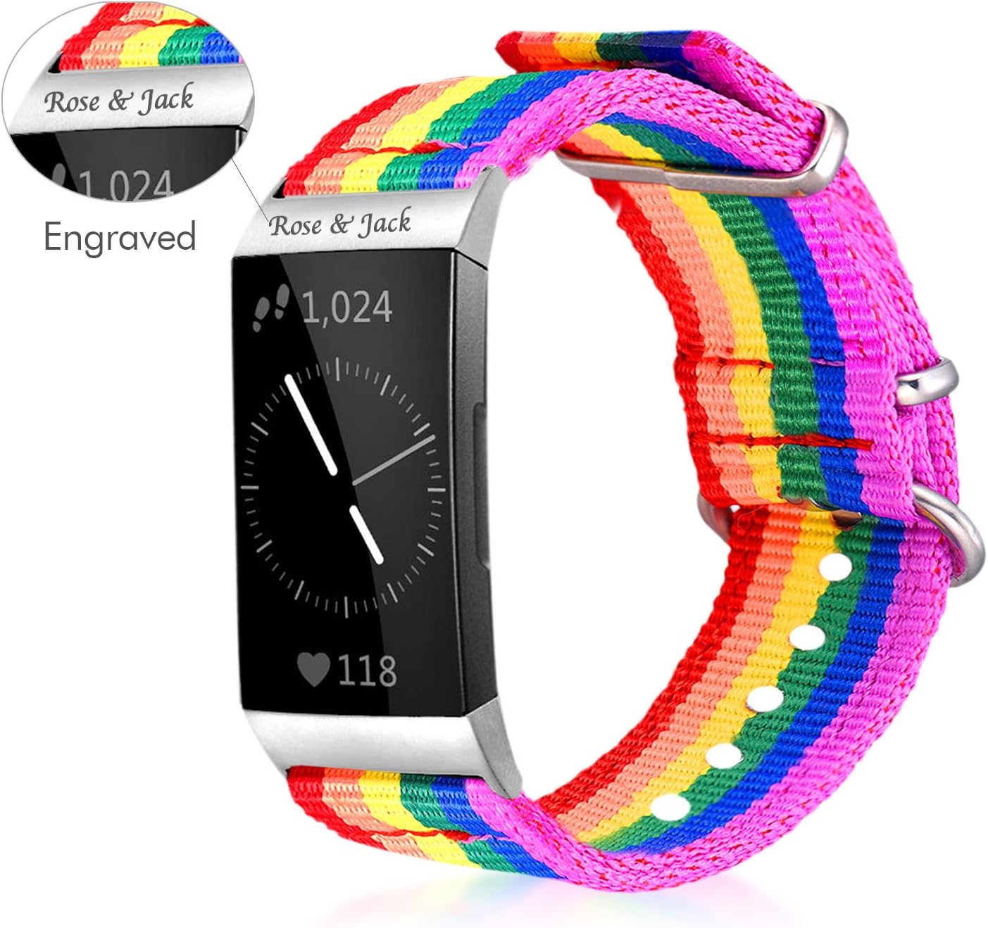 Bandmax Rainbow Bands Compatible fitbit Charge 3 Smartwatch,Engraving Available LGBT Pride Nylon Charge 3 Watch Bands Durable Fitbit 3 Sport Straps Accessories with Adjustable Metal Clasp(Large Size)