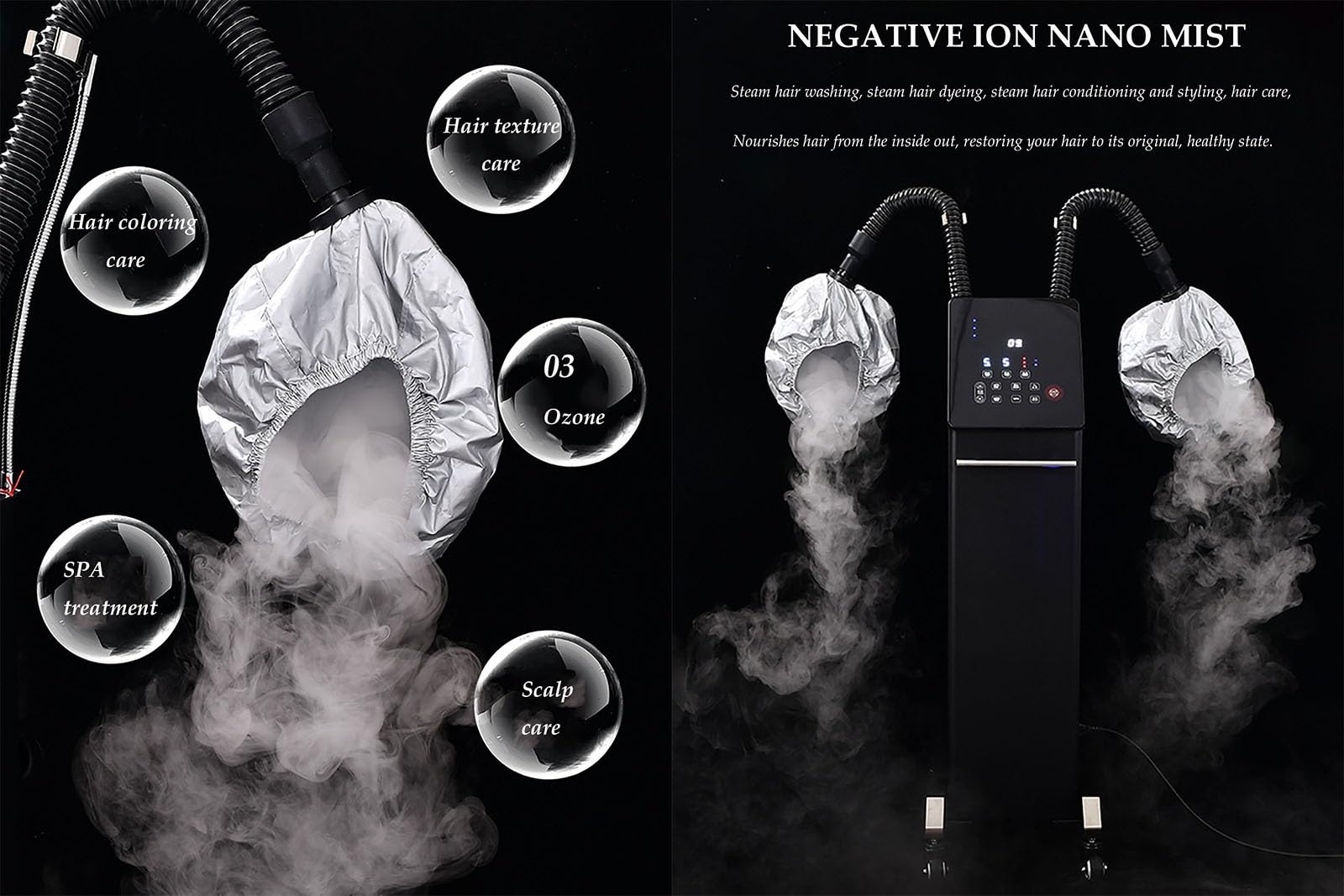 Vaporizzatore professionale for capelli nano con 2 cappucci vaporizzatori, macchina for il trattamento dell'olio di ozono con micro nebulizzazione da 700 W(Black)