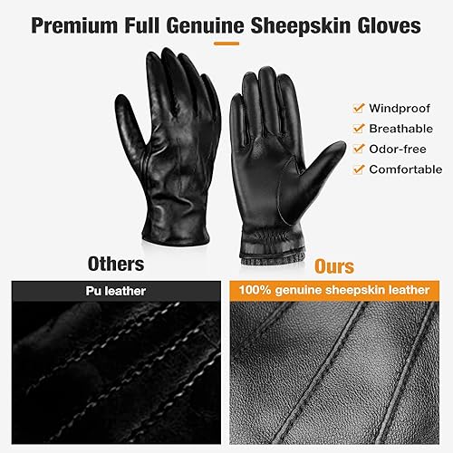Miniatura 3 de Aegend Guantes de cuero para hombre, forro suave y cálido de mano completa, pantalla táctil de mano completa, regalo de invierno térmico negro