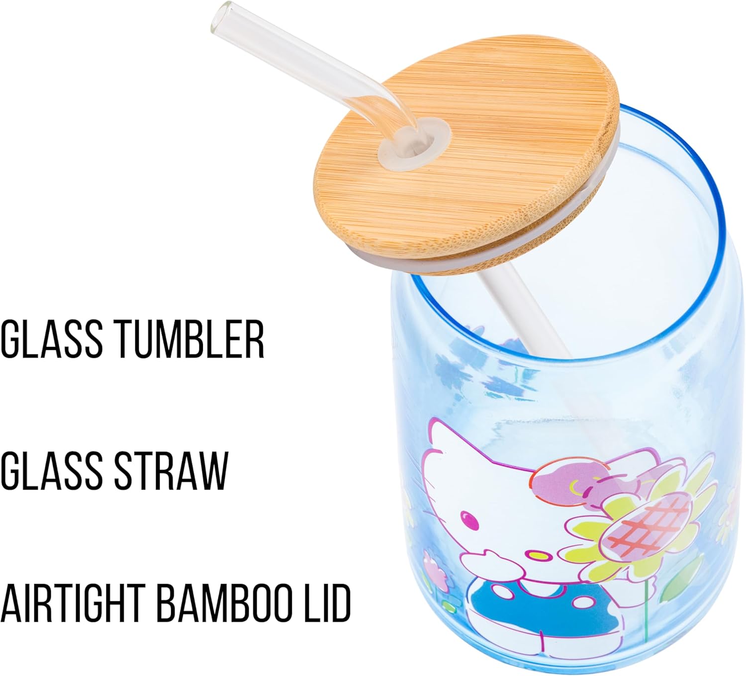Silver Buffalo Sanrio Hello Kitty Floral Glass Tumbler with Bamboo Lid and Glass Straw, 16 Ounces - Image 4