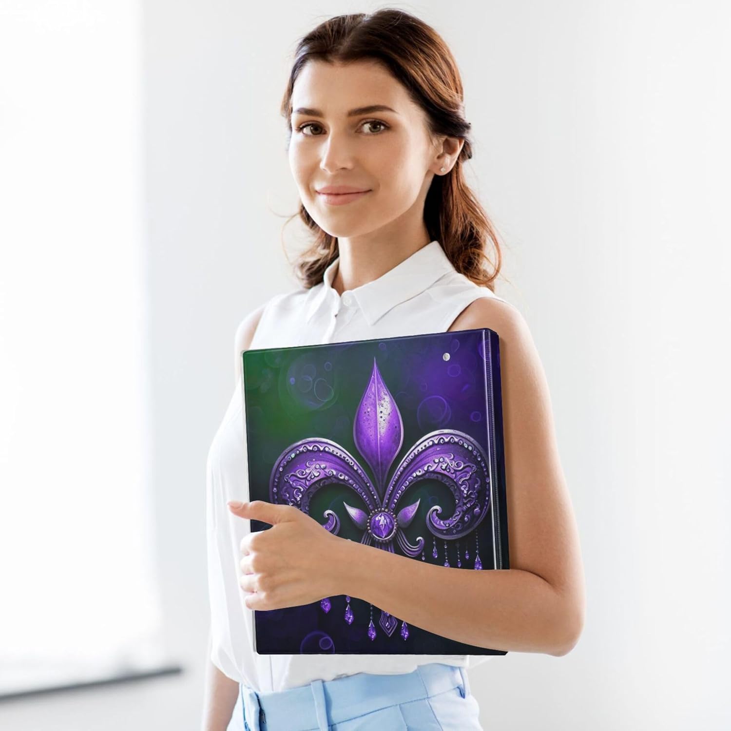 Mardi Gras 3 Ring Binders, 1.5” Round Ring Binders with Clipboard - Letter Size, 3 Interior PVC Clear Pockets & Anti-Slip Clip for Office School Supplies, 2PCS