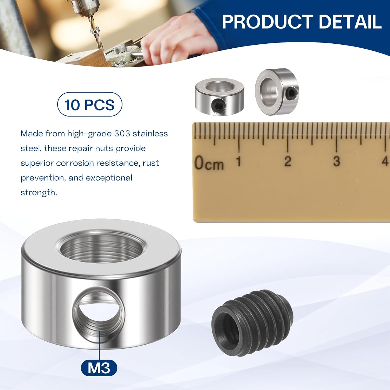 Set Screw Collars, 10 Pack 3.05mm Bore Shaft Lock Collars, 8mm OD, 4mm Width, Nickel-Plated Carbon Steel Landing Gear Stopper Wheel Collar, Includes Wrench
