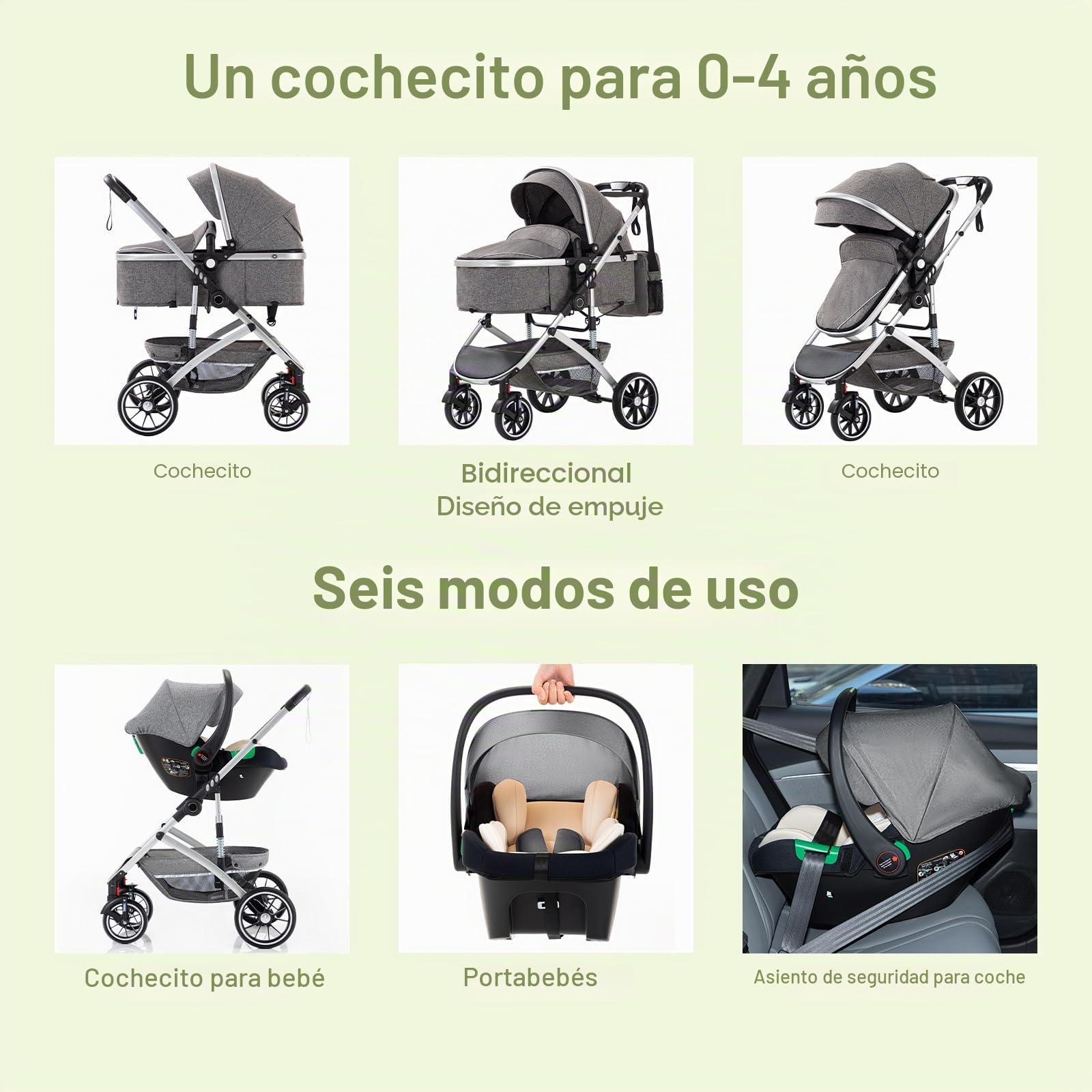 Gcarebb Cochecito 3 en 1, asientos de coche y cochecito plegable portátil con un solo clic, combinados de paisaje con marco de aluminio alto para recién nacidos de 0 a 4