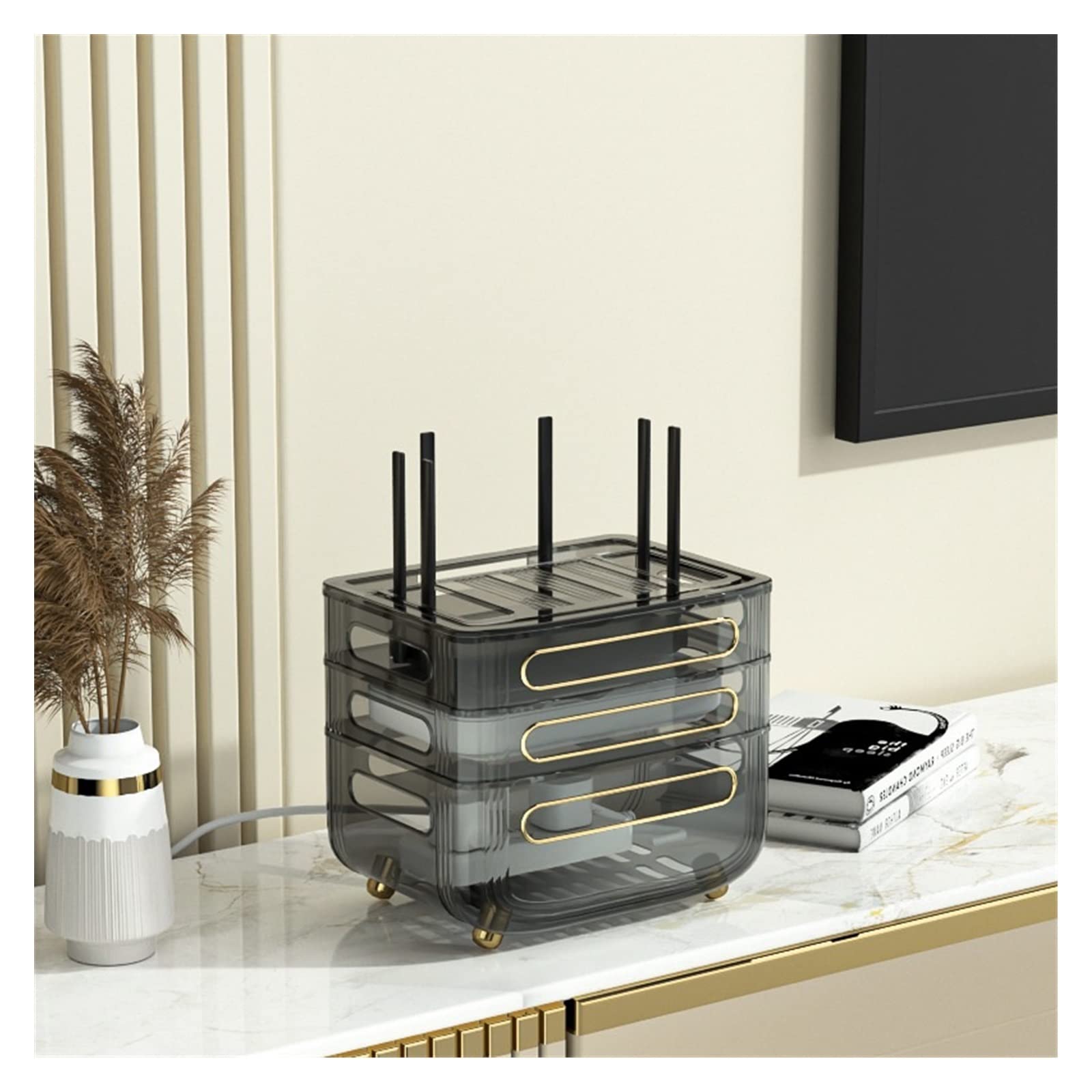 Scatola Nascondi Cavi Presa for Cavo Rack Set-Top Box TV Wireless WiFi Finitura Scatola di immagazzinaggio Router casa Camera da Letto Soggiorno Scatola di Gestione dei Cavi(Grijs)