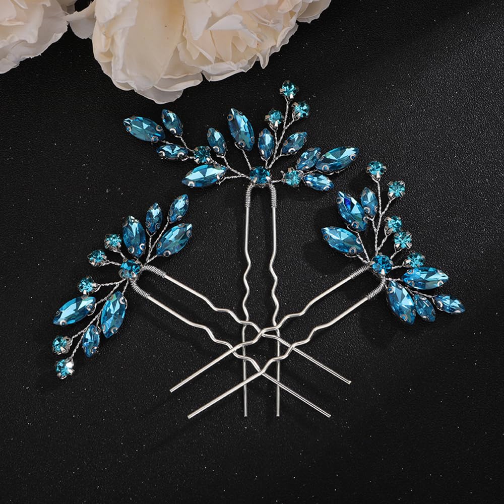Teyglen 3pcs Black Rhinestone Hair Pins Set - Handmade Crystal Hair Pieces and Accessories for Bride, Women, and Girls