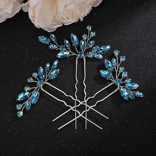 Teyglen Juego de 3 horquillas para el cabello con diamantes de imitación, hechas a mano con cristales para novias, mujeres, niñas (azul lago)
