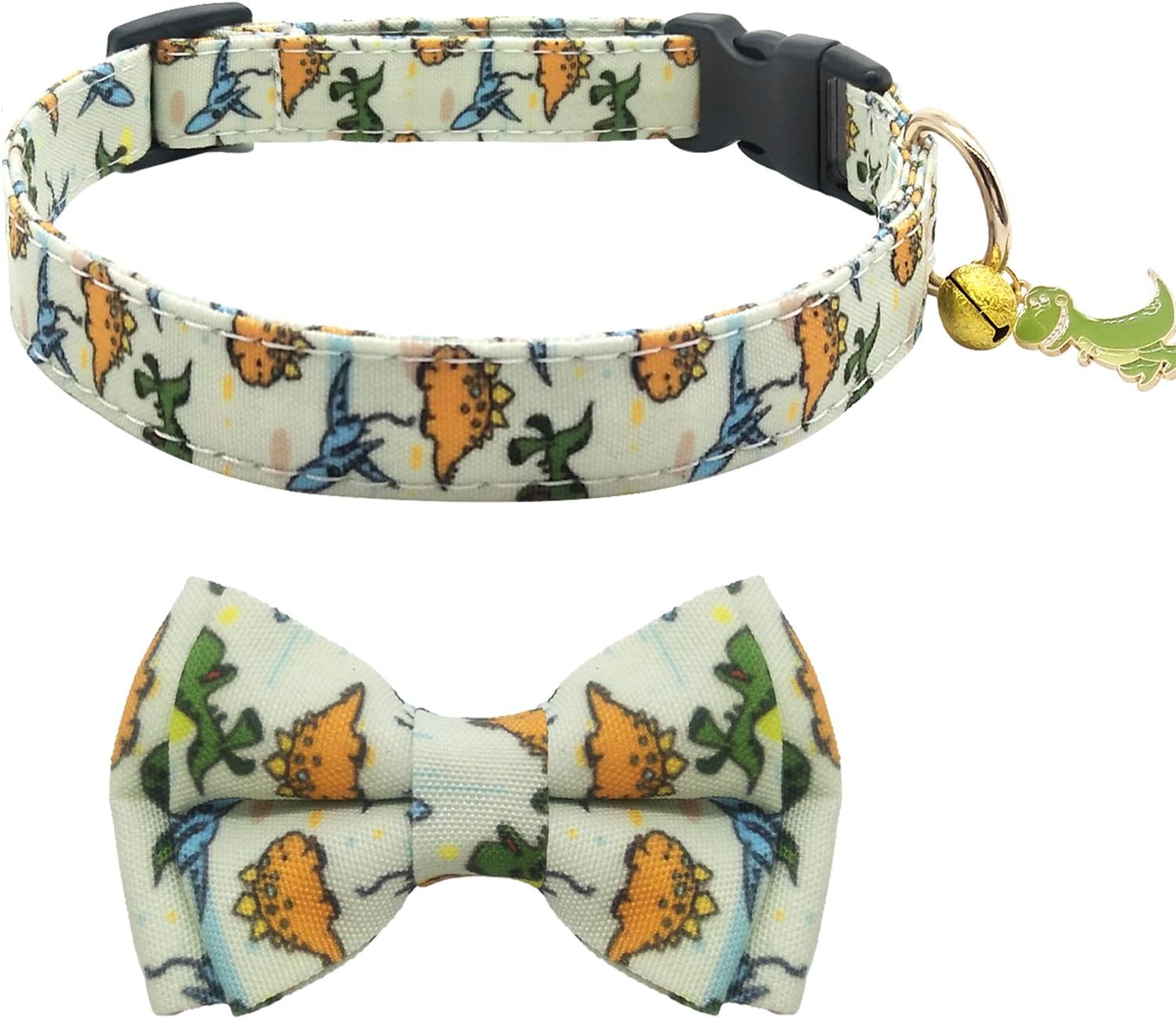 KUDES Dog Bow Tie, Adjustable Dog Collars with Bow Tie and Bells Charm Safety Buckle Cute Pet Collars for Small/Medium/Large Dogs and Cats Boys Girls (Dinosaur, M(11"-18"))