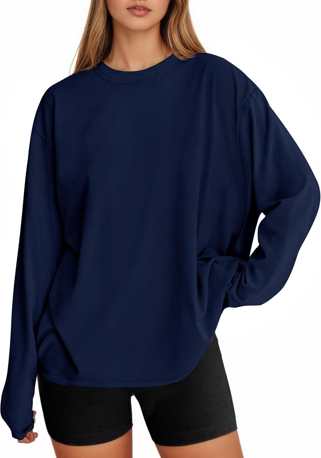 Tankaneo Womens Long Sleeve Oversized T Shirts Basic Crewneck Workout Tee Tops 2025 Fall Loose Fit Casual Y2K Clothes Navy Blue