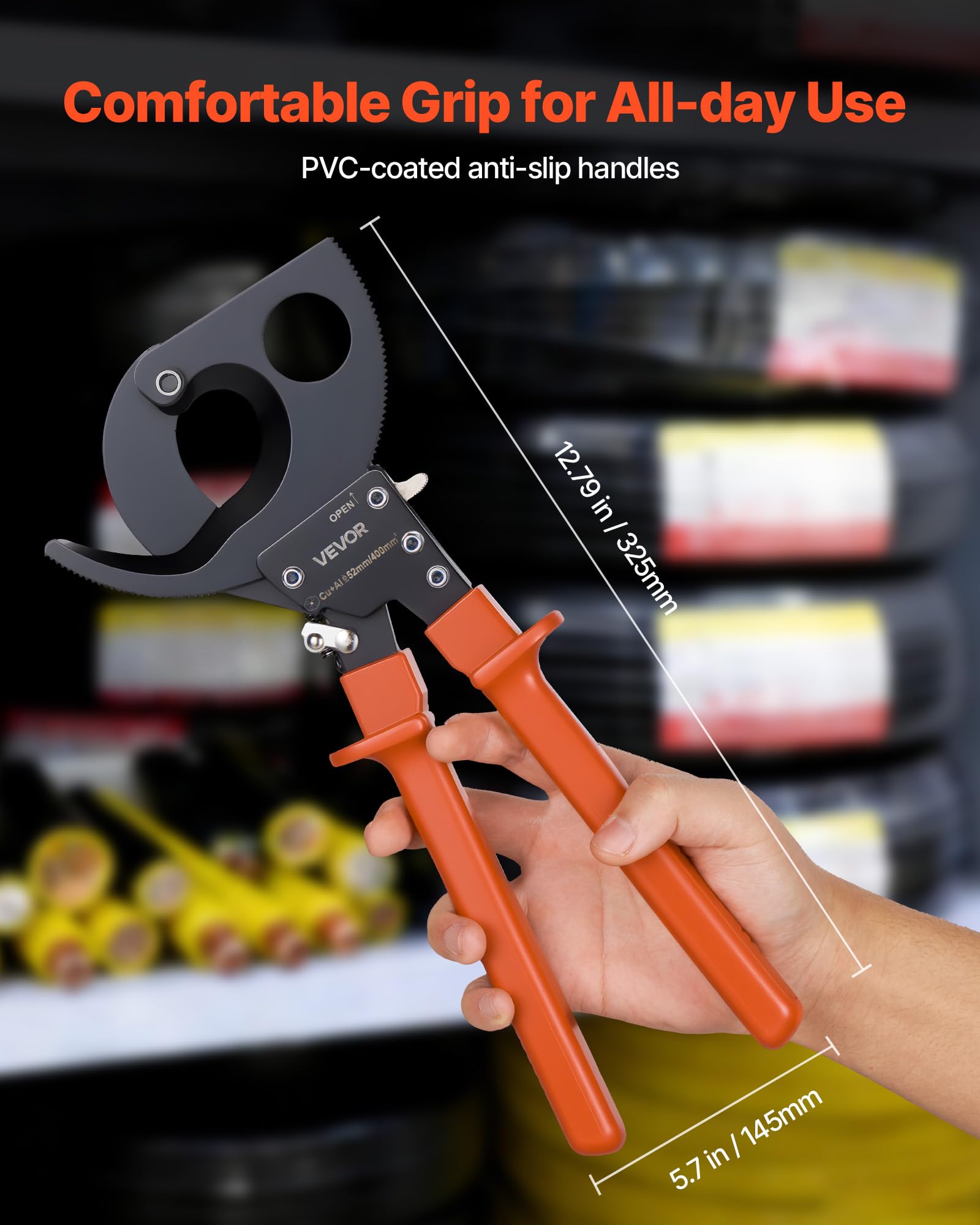 VEVOR Coupe Câble à Cliquet, Pince Coupe Câbles avec Lames en Acier à Ressort et Poignées Revêtues de PVC, pour Fils en Cuivre et Alu jusqu'à 400 mm² 800 MCM, avec Bouton à Dégagement Rapide