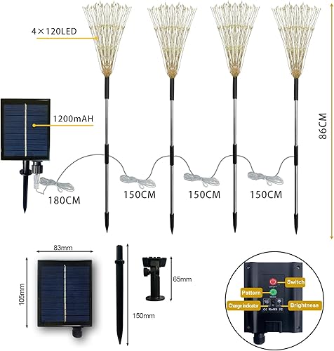 Miniatura 5 de Luces solares de fuegos artificiales impermeables para exteriores, paquete de 4 luces solares de jardín para exteriores, 8 modos de iluminación con