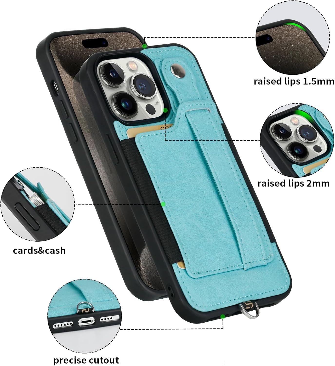 TOOVREN Phone Cover Compatible with iPhone 15 Pro Max Case with Wallet Strap Card Holder Stand Leather Cover Fits iPhone 15 Pro Max Wallet Case Lanyard for Women & Men 6.7 Inch Blue - Image 3