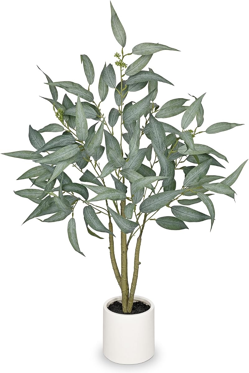 Eucalyptus Trees Artificial Indoor - 3FT Tall Faux Eucalyptus Plants in White Planter, Fake Plant Décor for Farmhouse Bedroom Office Room Hallway Decoration