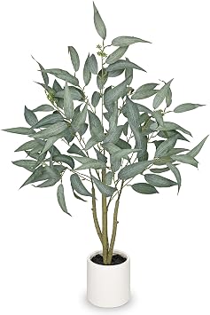 Artificial Eucalyptus Tree in White Pot 3FT Faux Indoor Plant for Home Decor, Modern Greenery for Living Room, Bedroom, Office Realistic Silk Leaves, Minimalist Planter