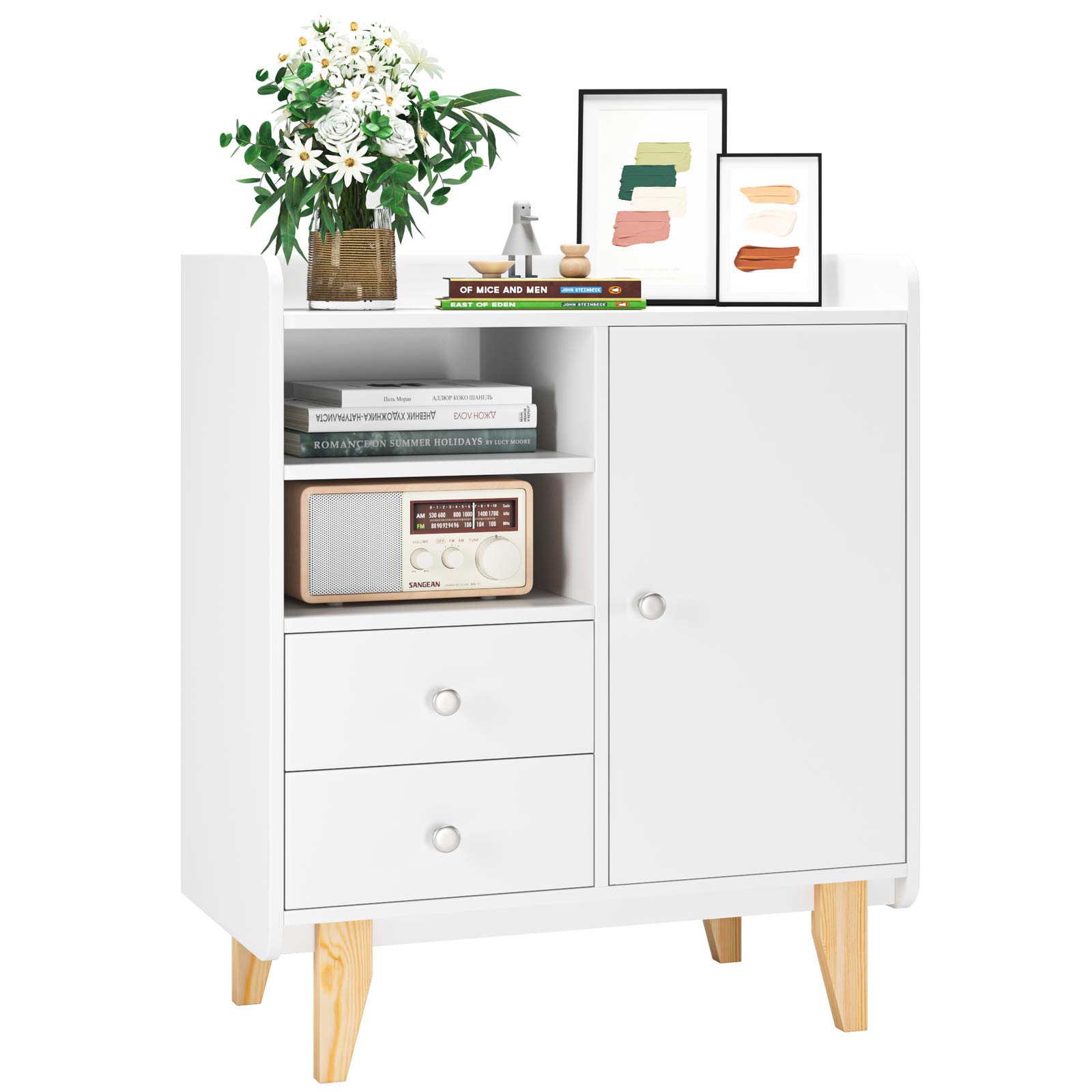 Homfa Modern Sideboard Storage Cabinet Cupboard Multi-Shelf Bookcase Freestanding Storage with 1 Door 2 Drawers and 2 Storage Shelves White 75x40x87cm