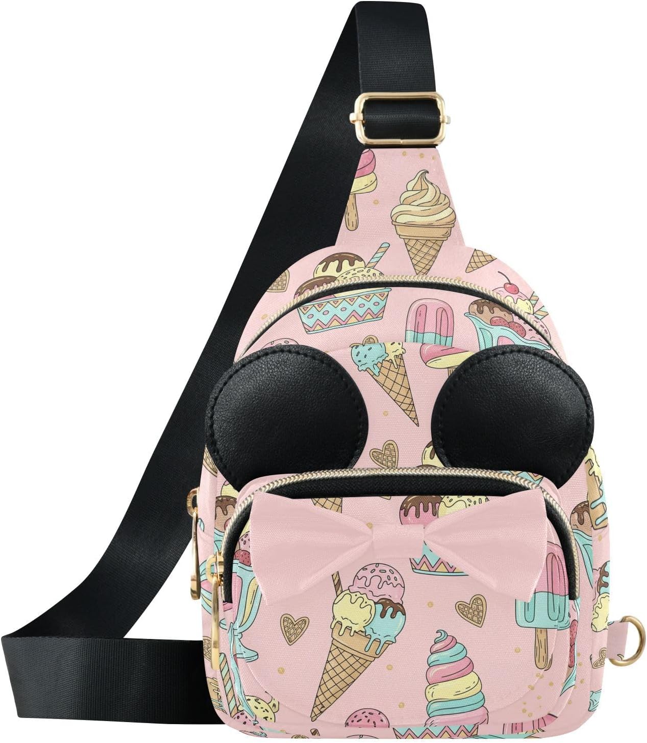Sinestour Ice Cream Kids Sling Bag for Girls, 5.7x7.5x3.1 Inches | Crossbody Fanny Pack, Toddler Purse, Cute Sling Belt Bag with Ears, 2L Small Shoulder Chest Bag for Travel