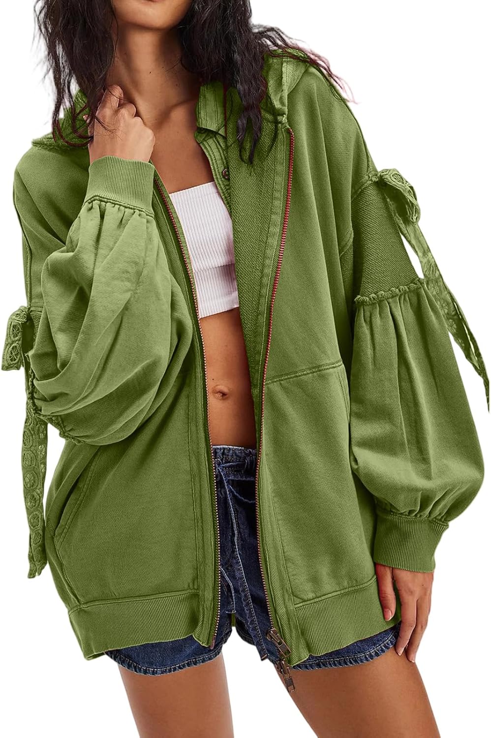 Womens Open Front Oversized Sweatshirt Loose Fit Teen Girls Fall Jackets 2025 Cute Balloon Sleeve Bow Hoodie