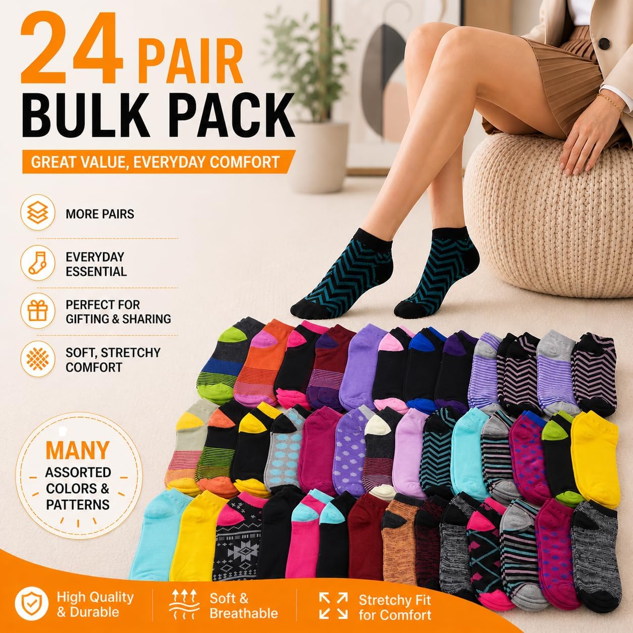 Winterlace 24 Pairs Womens Ankle Socks, Low Cut Colorful Fun Athletic Casual No-Show Teens Bulk Value Pack