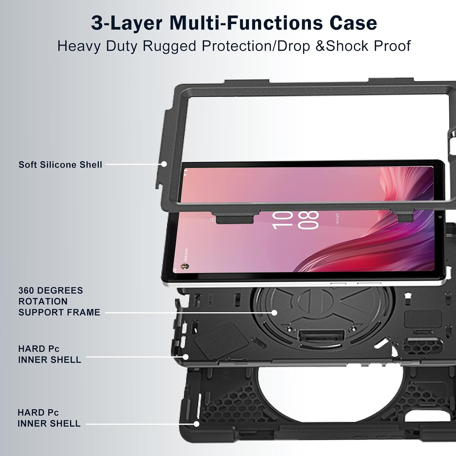 ProCase for Lenovo Tab M9 Case 9 Inch 2023, Heavy Duty Shockproof Rugged Protective Cover Rotating Kickstand with Handle Holder Shoulder Strap for Lenovo TB-310FU Tablet –Black