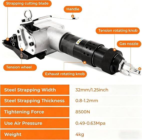 Pneumatic Steel Strapping Machine, 8500N Tension Force, Heavy Duty Banding Tool for 1.25-Inch Metal Belt, Portable Packaging Solution for Industrial Use