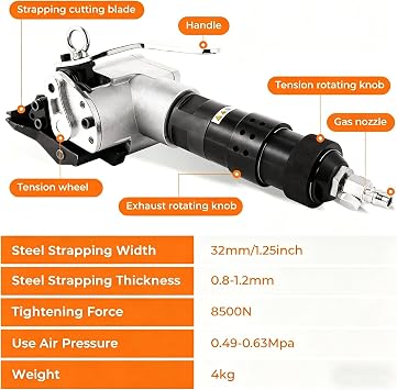 Pneumatic Steel Strapping Machine, 8500N Tension Force, Heavy Duty Banding Tool for 1.25-Inch Metal Belt, Portable Packaging Solution for Industrial Use