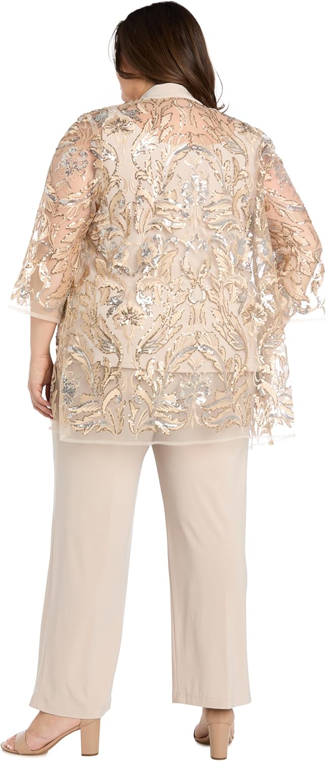 Elegant 3PC Pantsuit W/Sequin Lace Sheer Jacket & Tank