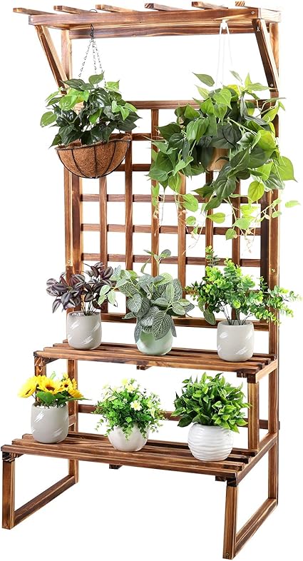 Amazon フラワースタンド フェンス付き 木製 ガーデニング棚 幅75 ハンキング 目隠し 観葉植物 花台 ラティス 格子 庭 Diy 園芸 室内 屋外 おしゃれ 園芸ラック フラワースタンド 園芸ラック