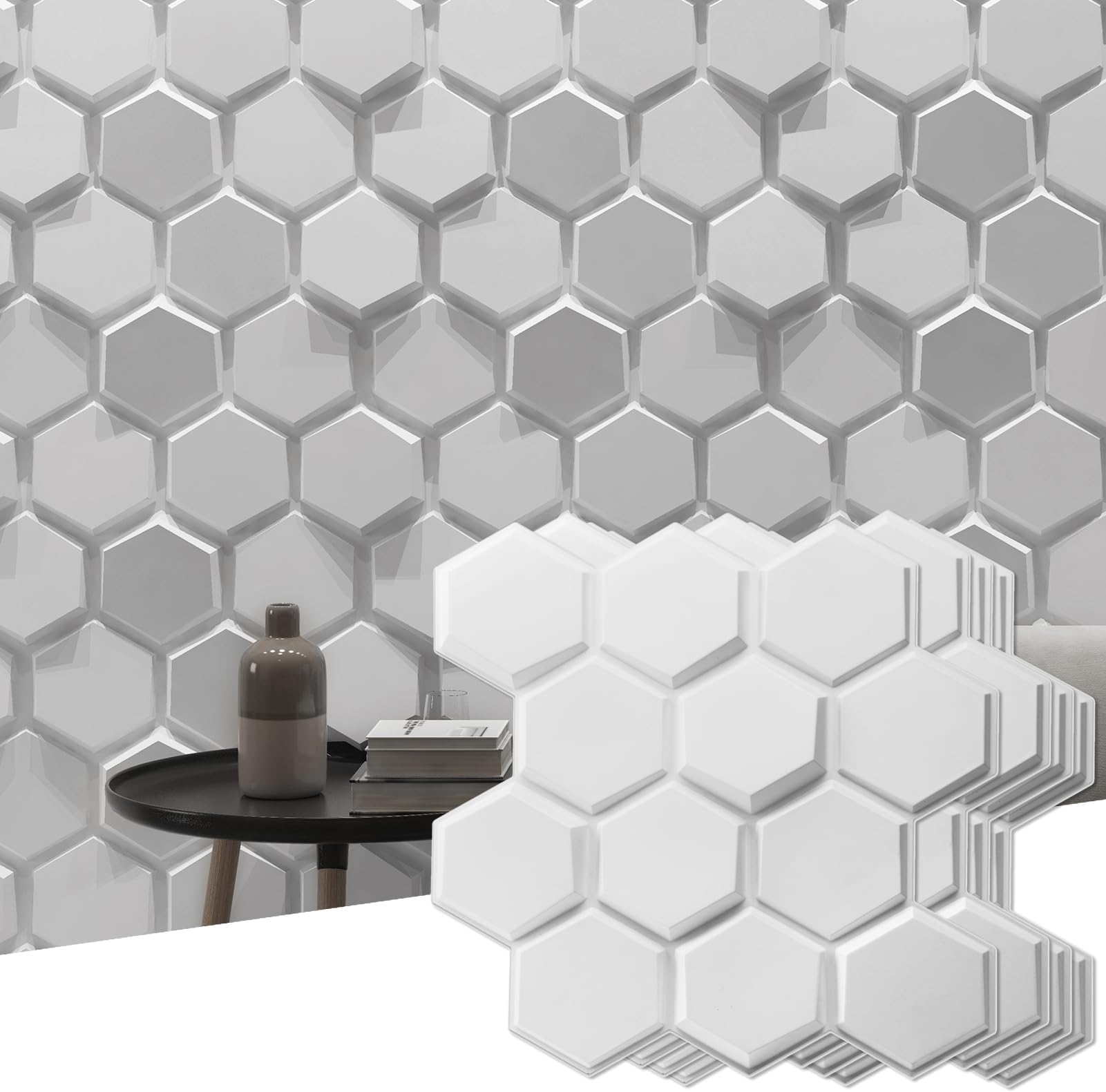 Art3d Textures 3D Wall Panels White Hexagon Design Pack of 48 Tiles 102 Sq Ft (PVC)