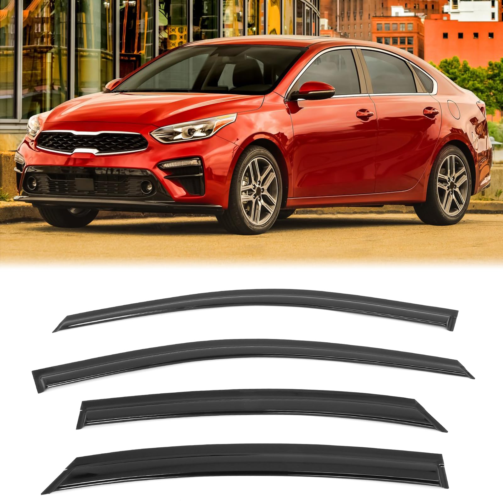 FREEMOTOR802 Tape-on Mount Window Visors, Compatible with 2019-2024 Kia Forte, Side Window Wind Deflectors Sun Rain Guards Vent Visors, Smoke Tinted