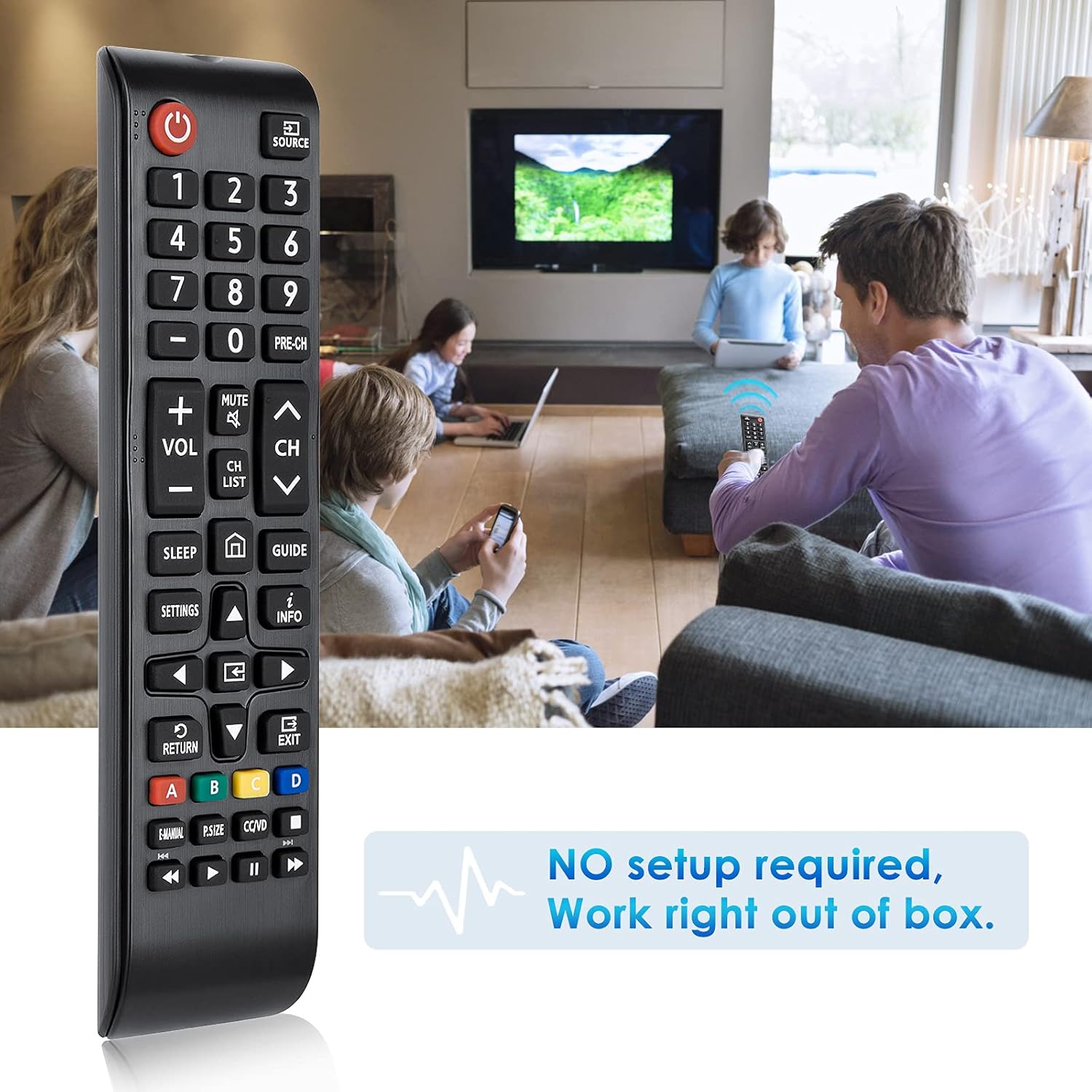 Remote control with text 'NO setup required, Work right out of box.'