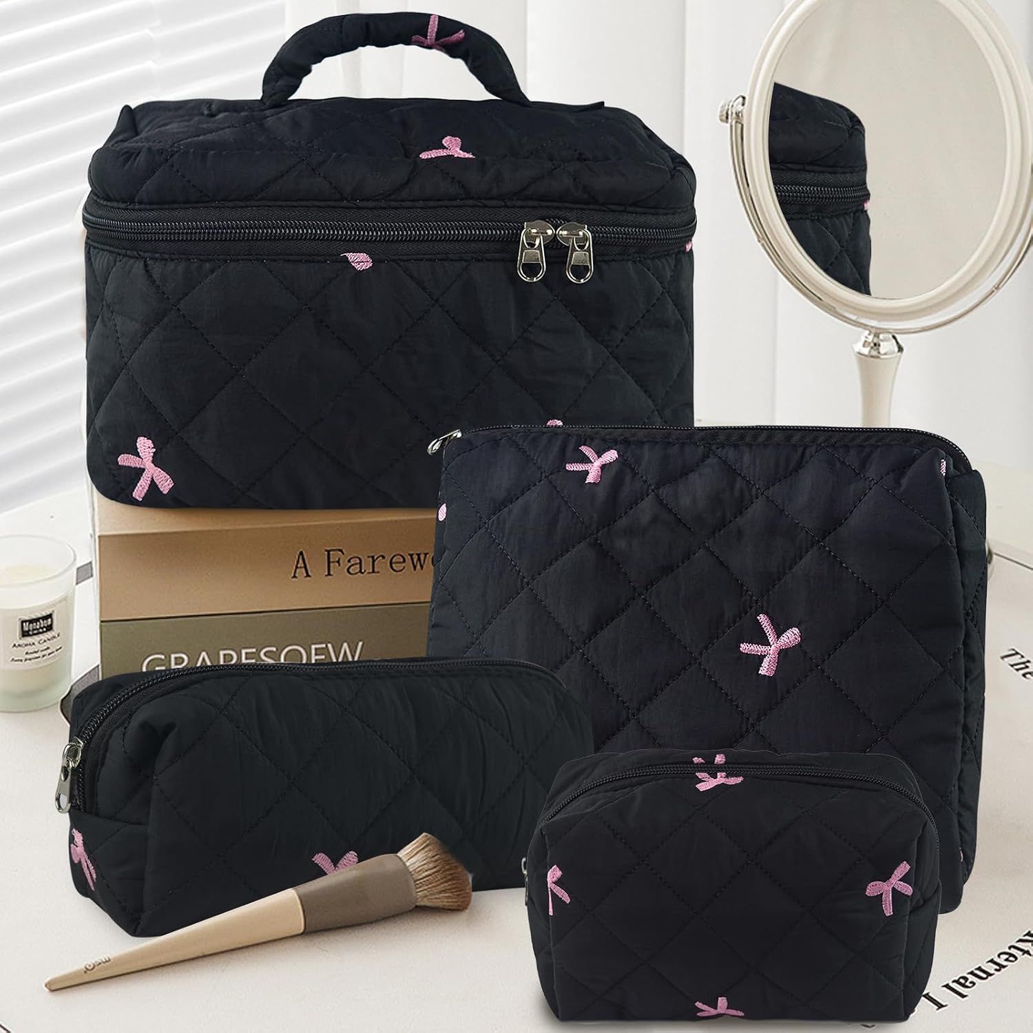 GISMTR 4Pcs Quilted Makeup Bag Set Cute Floral Cosmetic Bag Cotton Coquette Make up Bag Aesthetic Travel Toiletry Bag for Women Girls