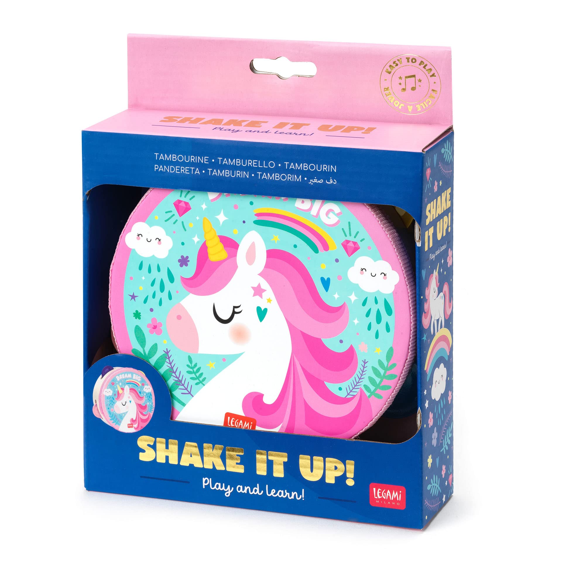 Legami - Pandereta Infantil 4 Sonajeros Mejora la Coordinación, Capacidad Motora, Sentido del Ritmo, Ø 14,5 cm, Tema Unicorn
