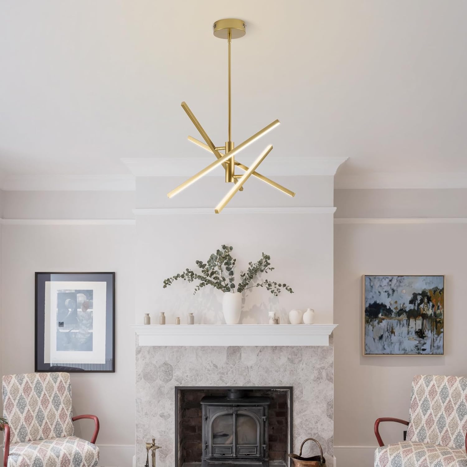 Modern Gold Chandelier Light Fixtures: LED 4-Light Sputnik Dining Room Chandeliers Linear Pendant Lights Fixture Over Table Dimmable with Remote for Kitchen Island Living Room